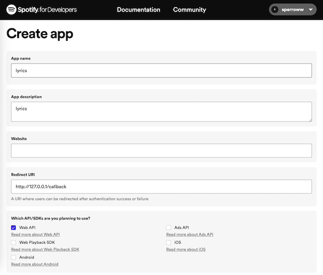 spotify create app page